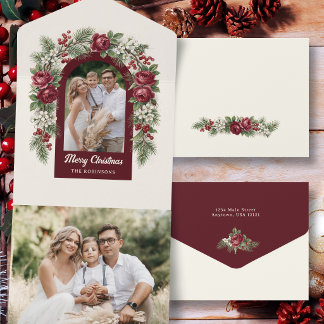 Elegant Vintage Christmas Floral Arch Photo All In One Invitation