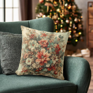 Elegant Vintage Christmas Flowers Throw Pillow