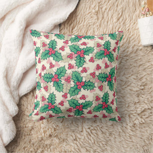 Elegant Vintage Christmas Holly Floral Pattern Throw Pillow