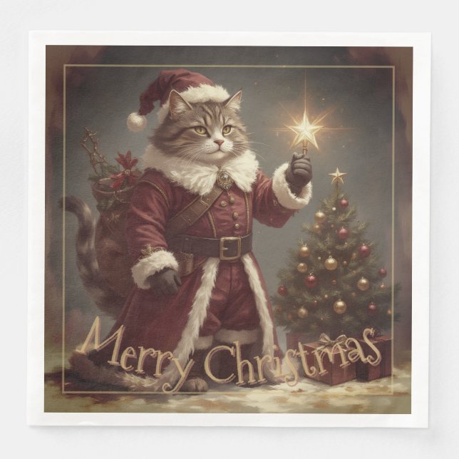 Elegant Vintage Christmas Kitty Paper Dinner Napkins (Front)