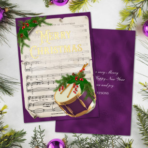 Elegant Vintage Christmas Music Drum Purple Foil Holiday Card