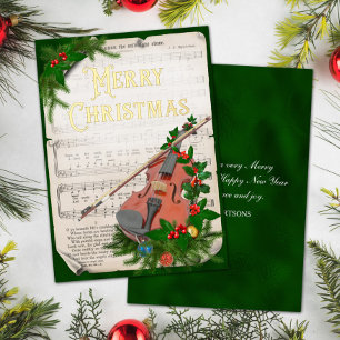 Elegant Vintage Christmas Music Violin Green Gold Foil Holiday Card