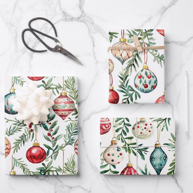 Elegant Vintage Christmas Ornaments Wrapping Paper Sheets (Front)
