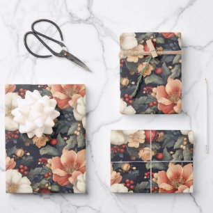 Elegant Vintage Christmas Poinsettia & Rose Floral Wrapping Paper Sheets