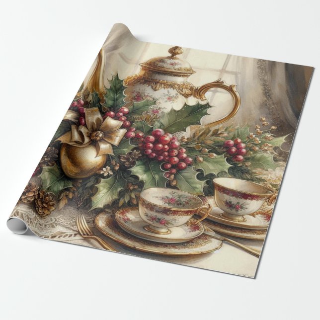 Elegant Vintage Christmas Teapot and Greenery  Wrapping Paper (Unrolled)