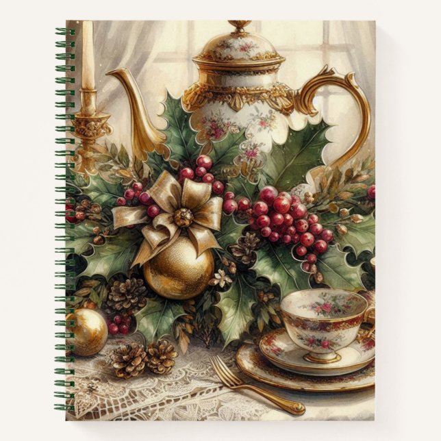 Elegant Vintage Christmas Teapot Spiral Notebook (Front)