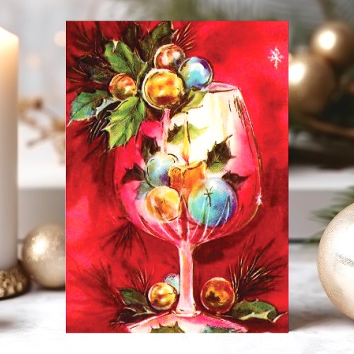 Elegant Vintage Christmas Wine Glass With Candle Holiday Card
