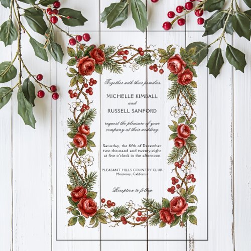 Elegant Vintage Christmas Winter Floral Border Acrylic Invitations