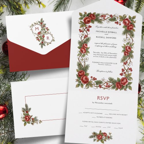 Elegant Vintage Christmas Winter Floral Border All In One Invitation