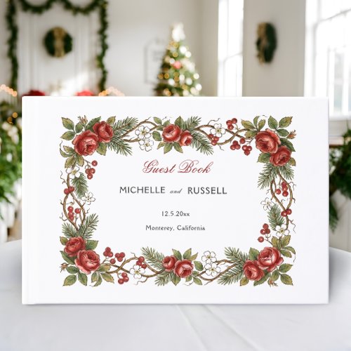 Elegant Vintage Christmas Winter Floral Border Guest Book