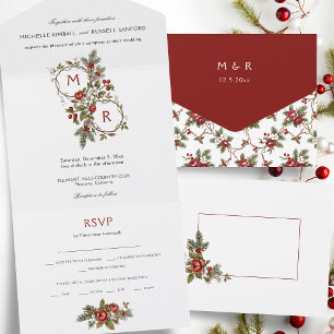 Elegant Vintage Christmas Winter Floral Monogram All In One Invitation