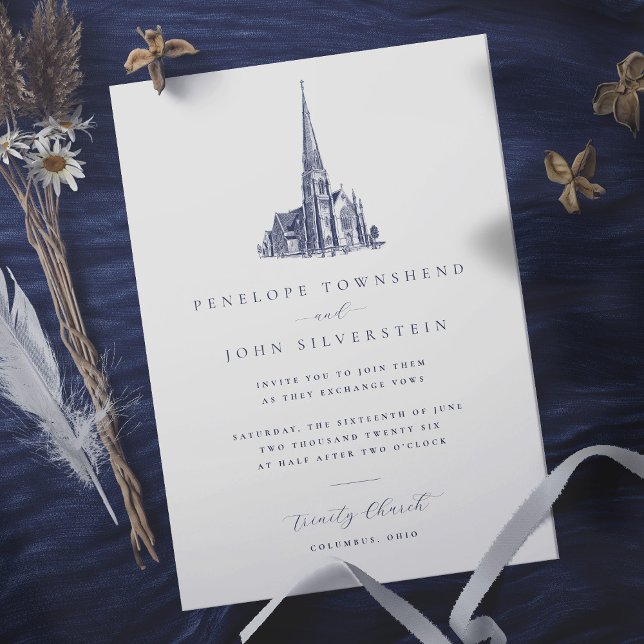 Elegant Vintage Church Illustration Wedding Invitation (Wedding invitation with beautiful vintage illustration of a church)