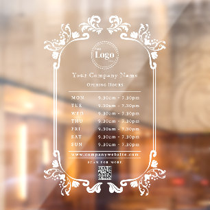 Elegant Vintage Company Logo QR code Opening Hours Window Cling