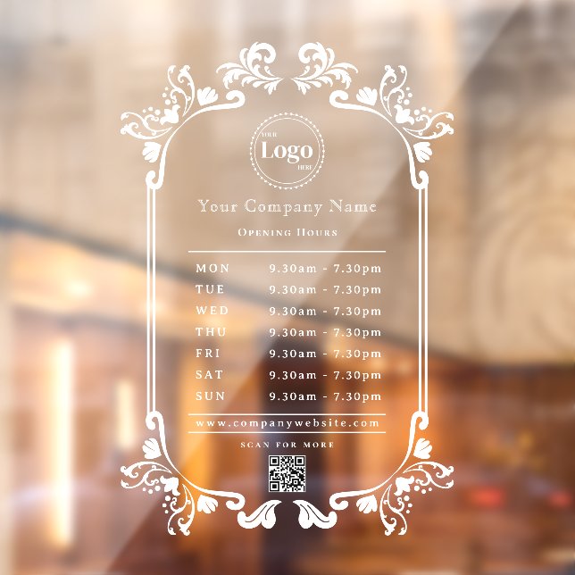 Elegant Vintage Company Logo QR code Opening Hours Window Cling (Sheet 2)