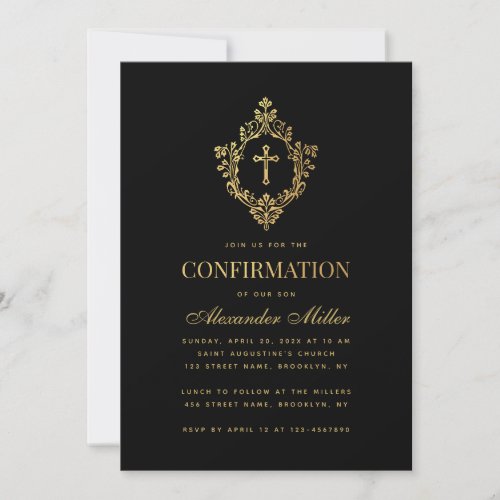 Elegant Vintage Confirmation Black Faux Gold Crest Invitation