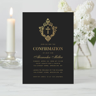 Elegant Vintage Confirmation Black Faux Gold Crest Invitation