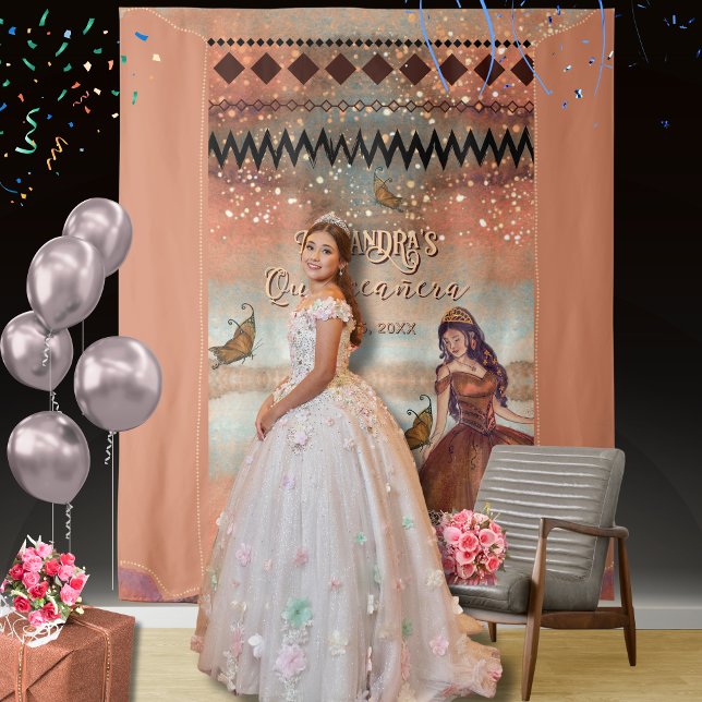 Elegant Vintage Copper Quinceañera Photo Backdrop ( Quinceanera backdrop with model white dress)