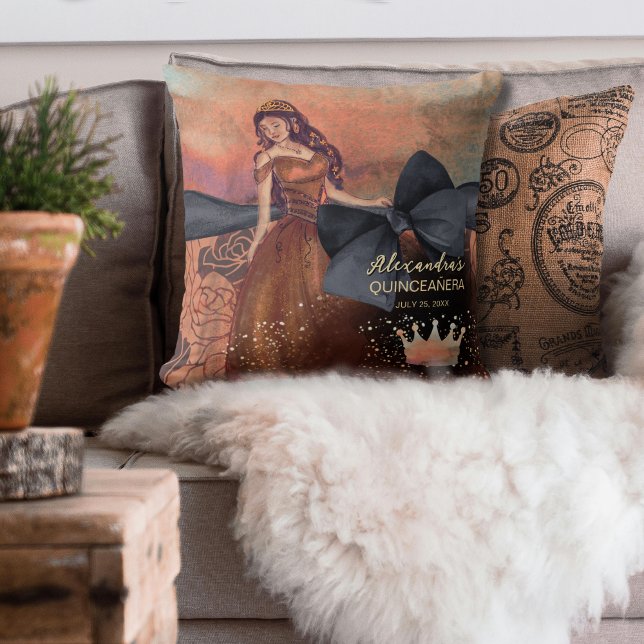 Elegant Vintage Copper Rose Quinceañera Keepsake Throw Pillow (Elegant Vintage Copper Rose Quinceañera Keepsake Throw Pillow)