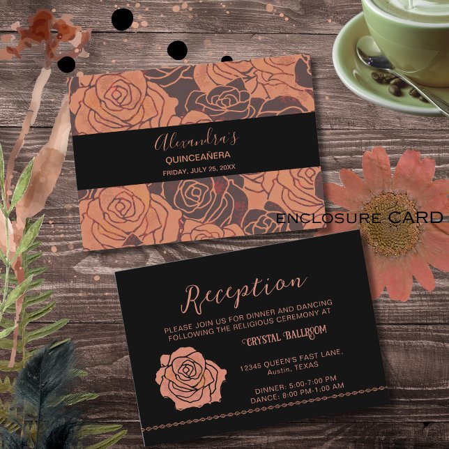 Elegant Vintage Copper Rose Quinceañera Reception  Enclosure Card (Elegant Vintage Copper Rose Quinceañera Reception Enclosure Card)