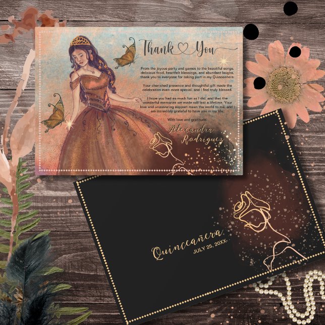 Elegant Vintage Copper Rose Quinceañera Thank You  Card (Elegant Vintage Copper Rose Quinceañera Invitation)