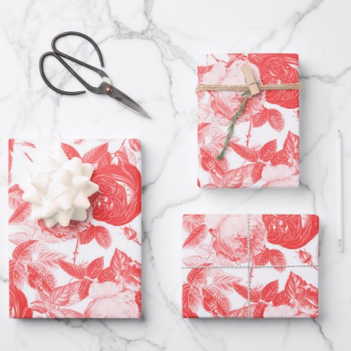 Elegant Vintage Coral Pink Roses Floral Toile Wrapping Paper Sheets