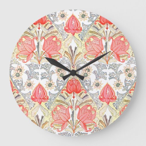 Elegant Vintage Coral Red Flowers Pattern Large Clock