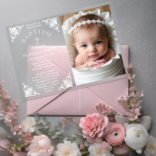 Elegant Vintage Cornices Baby Girl Photo Baptism Acrylic Invitations