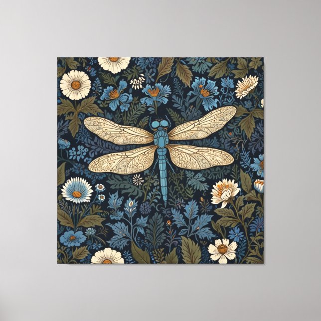 Elegant vintage cottage cozy blue dragonfly canvas print (Front)