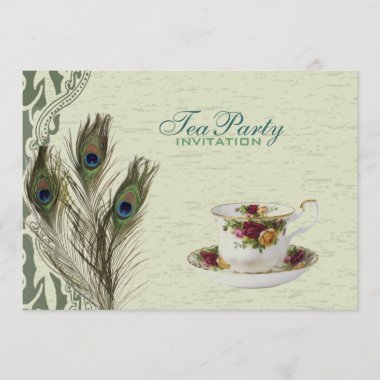 elegant vintage country green peacock tea party invitation