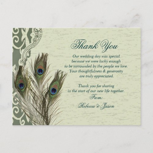 elegant vintage country green peacock thank you postcard