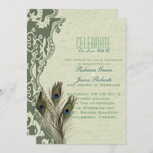 elegant vintage country green peacock wedding invitation