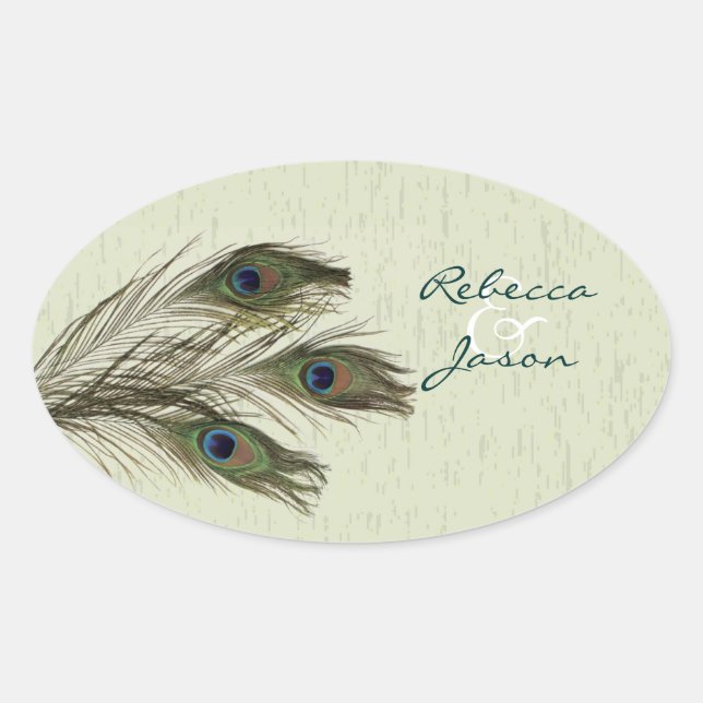elegant vintage country green peacock wedding oval sticker (Front)