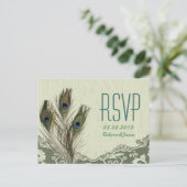 elegant vintage country green peacock wedding RSVP Invitation Postcard (Standing Front)