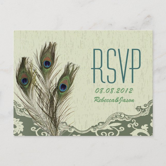 elegant vintage country green peacock wedding RSVP Invitation Postcard (Front)