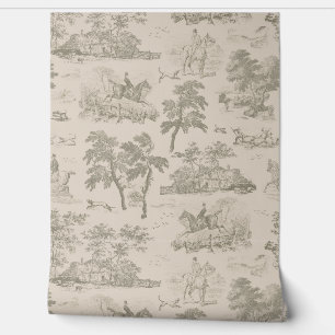 Elegant Vintage Cream Beige Horse Hunting Toile Wallpaper