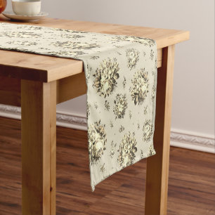 Elegant Vintage Cream Beige Roses Floral Pattern Short Table Runner