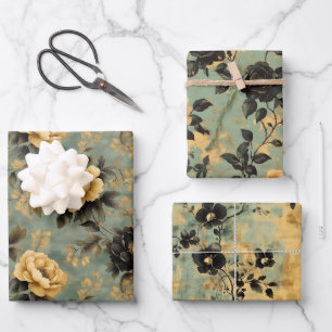 Elegant Vintage Cream & Black Floral on Sage Green Wrapping Paper Sheets