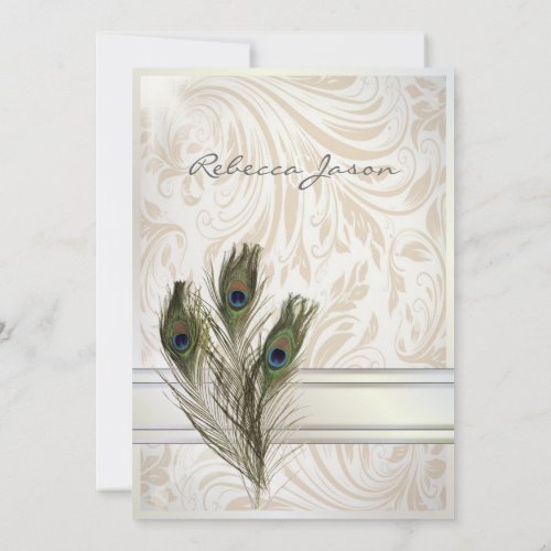 elegant vintage cream damask peacock wedding invitation