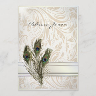 elegant vintage cream damask peacock wedding invitation