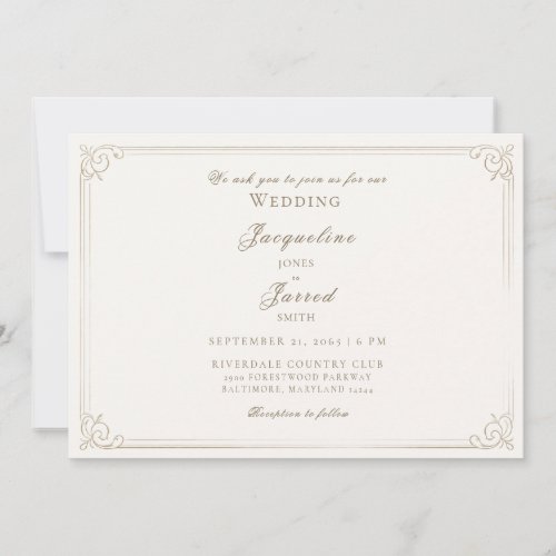Elegant Vintage Cream Gold Frame Wedding Invitation