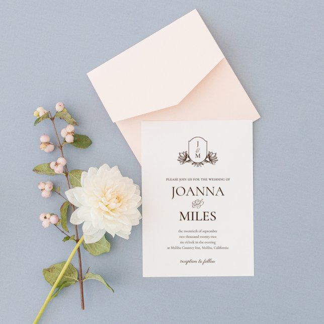 Elegant Vintage Crest Botanical Monogram Wedding Invitation (Creator Uploaded)