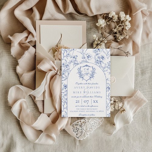 Elegant Vintage Crest Dusty Blue Floral Wedding Invitation