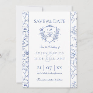 Elegant Vintage Crest Dusty Blue Floral Wedding Save The Date