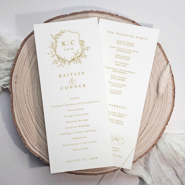 Elegant Vintage Crest Gold Classic Wedding Program (Elegant wedding programs with vintage crest / wedding logo and wedding party info on back - in gold)