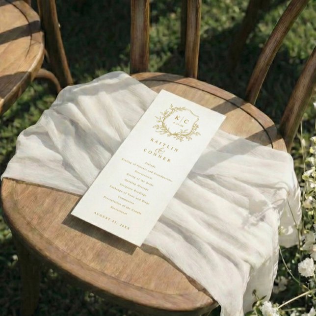 Elegant Vintage Crest Gold Classic Wedding Program (Printed wedding programs with elegant gold crest and botanicals - greenery)