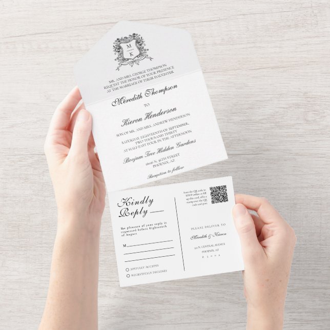 Elegant Vintage Crest Line Art Boho QR Code Photo All In One Invitation (Tearaway)
