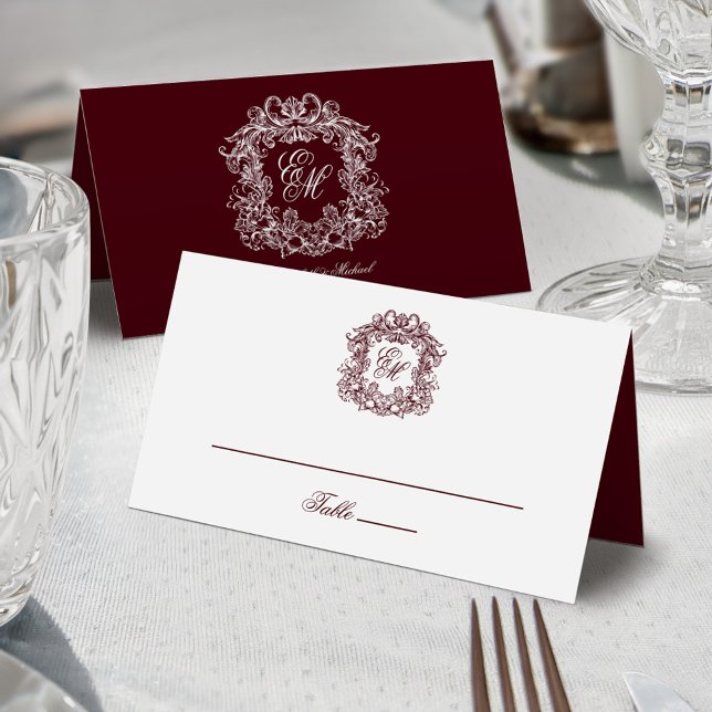 Elegant Vintage Crest Monogram Burgundy Wedding Place Card (Creator Uploaded)