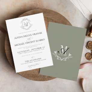 Elegant Vintage Crest Monogram Sage Green Wedding Invitation