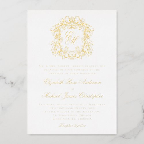 Elegant Vintage Crest Monogram Wedding Gold  Foil Invitation