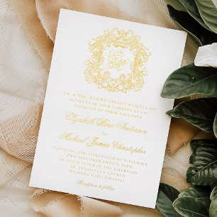 Elegant Vintage Crest Monogram Wedding Gold Foil Invitation